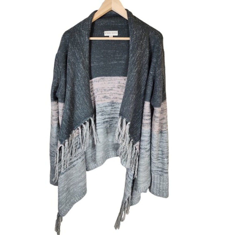 Knox Rose Fringe Open Front Boho Kimono Cardigan Gray/Pink Sparkle Silver Thread